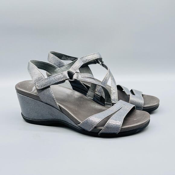 Dansko Sandals Womens 8.5 Silver Leather Addyson Strappy Wedge Heel Comfort - Picture 2 of 11